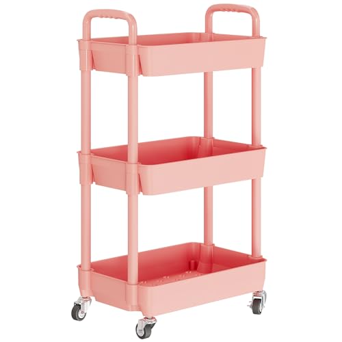 Laiensia 3-Tier Storage Cart Multifunction Utility Rolling Cart Kitchen Storage Organizer Mobile Shelving Unit Cart with Lockable Wheels for Bathroom Laundry with Classified Stickers Pink