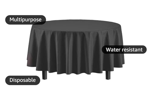 Exquisite 12-Pack Black 84" Round Premium Plastic Tablecloths - Heavy Duty & Disposable