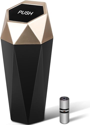 HOTOR Car Trash Can with Lid - 1 Pack Mini Essential Accessories for Interior Leakproof Garbage 15 Attached Bags Multipurpose Organizers and Storage Car Home Office Golden