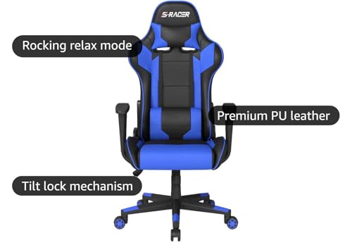 Homall Gaming Chair Office Chair High Back Computer Chair Leather Desk Chair Racing Executive Ergonomic Adjustable Swivel Task Chair with Headrest and Lumbar Support (Blue)