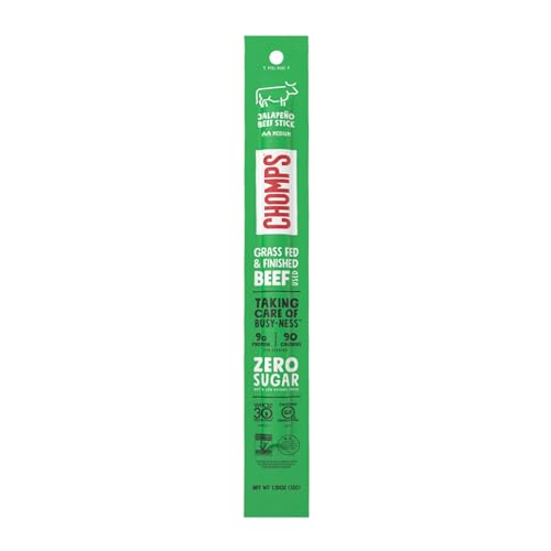 CHOMPS Grass Fed Jalapeño Beef Jerky Meat Snack Sticks Keto Paleo Whole30 Approved Low Carb High Protein Sugar Free Gluten Free Non-GMO Allergy Friendly Snacks 90 Calories 1.15 Oz 10 Pack