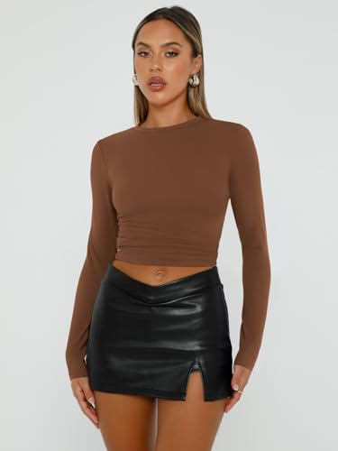 Trendy Queen Womens Long Sleeve Shirts Basic Crop Tops Tight Slim Fit Cute Teen Girls Fall Winter Y2k Clothes Brown L