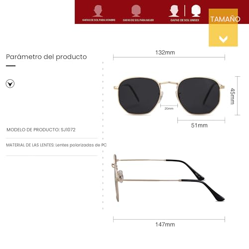 SOJOS Small Square Polarized Sunglasses for Men and Women Polygon Mirrored Lens SJ1072 with Gold Frame/Grey Lens with Gift Box
