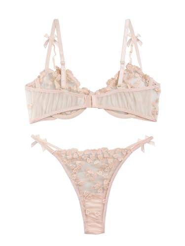 Lilosy Petite Sexy Cute Underwire Push Up Strappy Heart Embroidered Mesh Sheer Lingerie Set for Women See Through Bra and Panty 2 Piece Bow Beige X-Small