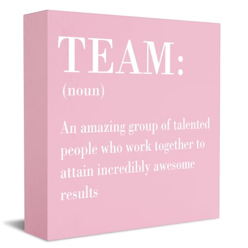 HTBIG Inspirational Team Noun Office Decor Desk Decor Wooden Box Sign Rustic Pink Wood Block Plaque Box Sign for Home Office Desk Shelf Table Decoration Coworker Gift Team Definition Teamwork Sign