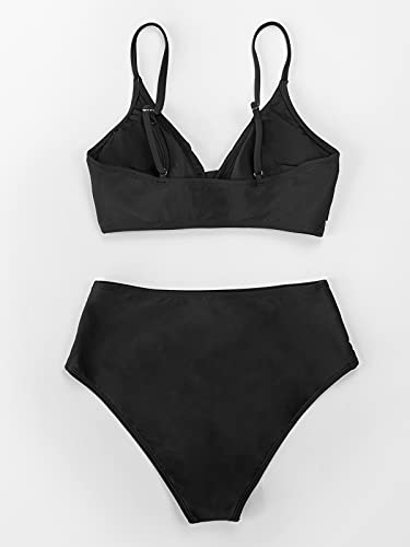 CUPSHE Women's Bikini Sets Two Piece Swimsuit High Waisted V Neck Twist Front Adjustable Spaghetti Straps Bathing Suit S Black