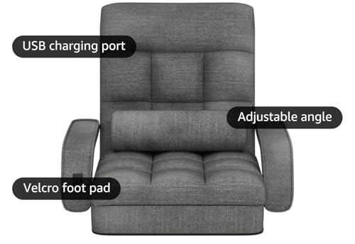STHOUYN Comfy Floor Chair Bedroom 2 USB Charging Ports 5-Position Floor Couch Gaming Chairs Adults Lounge Chair Indoor Folding Floor Lazy Sofa Meditation Arm Dorm Chair Living Room (Grey)