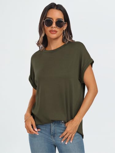 AUTOMET Womens Plus Size Tops Summer Casual Basic T Shirts Loose Fit Crewneck Short Sleeve Summer Vacation Outfits Cotton Spring Tee Trendy Clothing Army Green X-Large