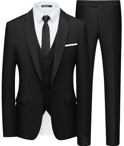 WULFUL Menâs Slim Fit Suit One Button 3-Piece Black