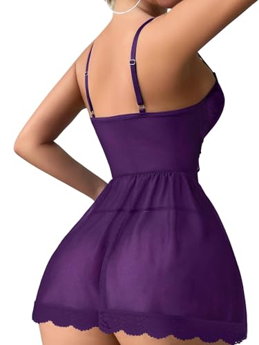 Lilosy Sexy Floral Lace Babydoll NightDress Thong Chemise Lingerie Nightwear Cute Underwire Push Up Corset Naughty Outfit with Women Mesh Sheer Nightgown Slip Dark Purple X-Small