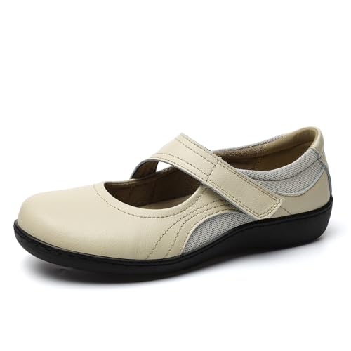 Oviaric Women's Classic Comfort Beige Mary Jane Flats Fashion Casual Dress Shoes Cute Closed Toe Slip On Lightweight Breathable Walking Shoes 8 M US 1904-MI080