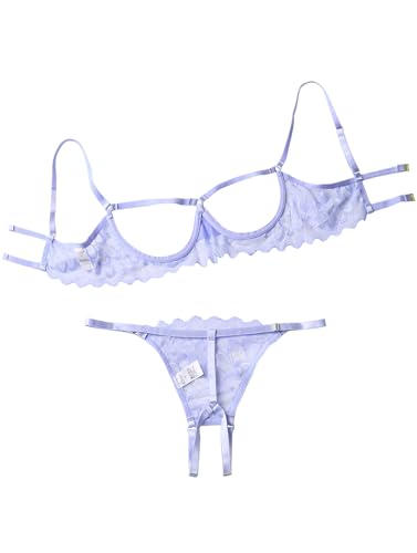Lilosy Women's Sexy Underwire Floral Lace Sheer Lingerie Set See Through Bra and Panty 2 Piece Lavender Light Purple Medium