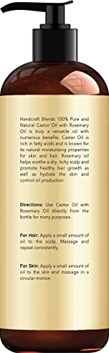 Handcraft Blends Castor Oil with Rosemary Oil - 8 Fl Oz - 100% Pure and Natural - Premium Grade Oil for Hair Growth Eyelashes and Eyebrows - Carrier Oil - Hair and Body Oil