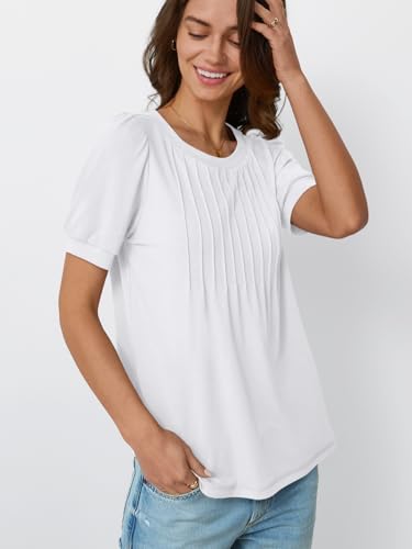 AUTOMET Womens Tops Puff Short Sleeve T-Shirts Pleated Business Casual Summer Fashion Blouses Trendy Basic Comfy Clothes White L