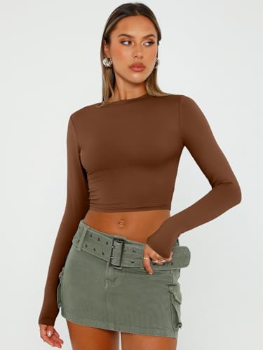 Trendy Queen Womens Long Sleeve Crop Tops Basic Slim Fitted Shirts Casual Fashion 2024 Going Out Y2k Tops Teen Girl Clothes Brown XL