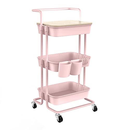 DTK 3 Tier Utility Rolling Cart with Cover Board Storage Handle and Locking Wheels Kitchen 2 Small Baskets 4 Hooks for Bathroom Office Balcony Living Room(Pink)