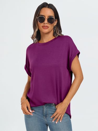 AUTOMET Womens Tops Casual Oversized Basic T Shirts Loose Fit Crewneck Short Sleeve Summer Cute Outfits Cotton Tee Dressy Teen Girl Preppy Clothing Trendy 2024 Fashion Purple Medium