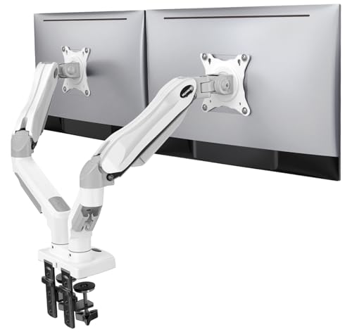 HUANUO Dual Monitor Stand - Adjustable Spring Monitor Desk Mount Swivel Vesa Bracket with C Clamp Grommet Mounting Base for 13 to 32 Inch Computer Screens - Each Arm Holds 4.4 to 19.8lbs - Whtie