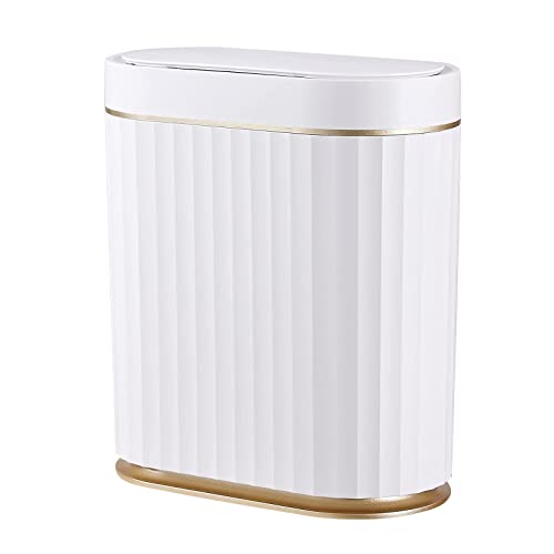 Bathroom Trash Can with Lid - ELPHECO Waterproof Automatic Trash Can 2 Gallon Slimline Smart Trash Can 9 L Narrow Motion Sensor Trash Can for Bedroom Bathroom Kitchen Office White with Gold Trim
