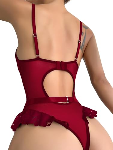 Lilosy Sexy Lace Mesh Bodysuit Stocking Underwire Garter Lingerie Set 3 Piece Bows Push Up Floral Sheer Babydoll Women Teddy Chemise Nightgown Nightshirt See Through Burgundy Red Small