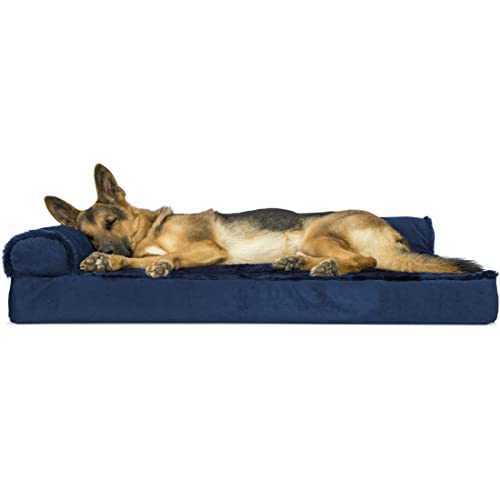 Furhaven Orthopedic Dog Bed for Large Dogs w/Removable Bolsters & Washable Cover for Dogs Up to 95 lbs - Plush & Velvet L Shaped Chaise - Deep Sapphire Jumbo/XL