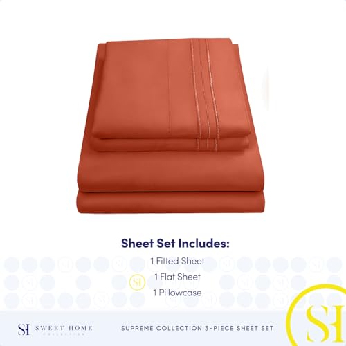 1800 Thread Count Sheet Set – Soft Egyptian Quality Brushed Microfiber Hypoallergenic Sheets – Luxury Bedding Set with Flat Sheet Fitted Sheet 1 Pillow Case Twin Rust