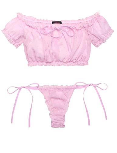 Avidlove Bra and Panty Set Ruffle Lingerie Set Mesh Babydoll Chemise 1-Pink XS