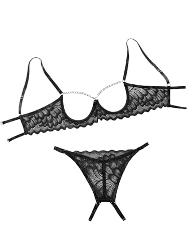 Lilosy Women's Sexy Underwire Floral Lace Sheer Lingerie Set See Through Bra and Panty 2 Piece Chain Black Medium