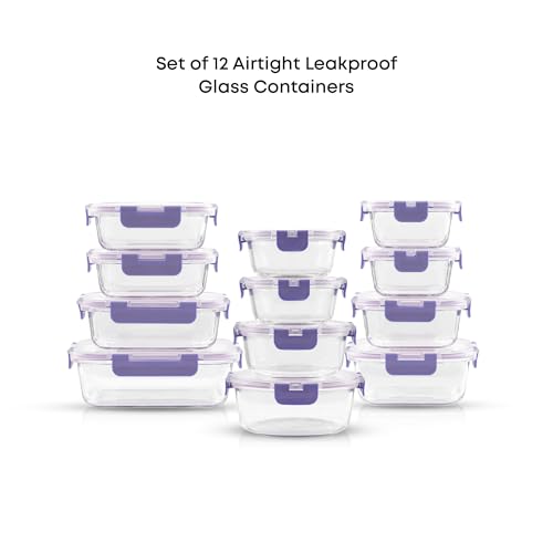 JoyJolt JoyFul 24pc(12 Airtight Freezer Safe Food Storage Containers and 12 Lids) Pantry Kitchen Storage Containers Glass Meal Prep Container for Lunch Glass Storage Containers with Lids