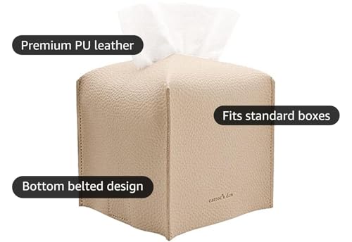 Taschentuchbox mit Boden/PU Leder Dekorativer Organizer für Badezimmer Auto Büro moderne Heimdekoration (beige quadratisch)