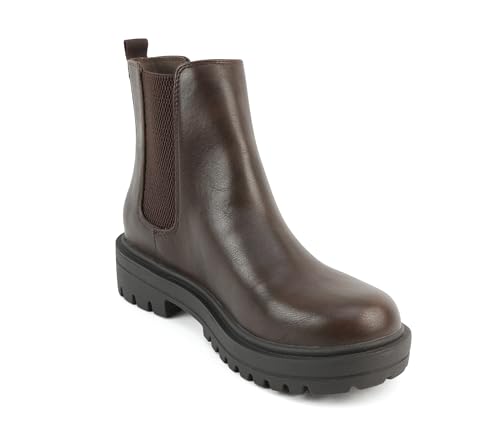 Soda Pilot ~ Women Lug Sole Low Heel Chelsea Fashion Ankle Bootie w/Double Elastic Gore (Brown Pu 5.5)