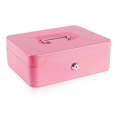 KYODOLED Large Metal Cash Box with Money Tray and Lock Money Box with Cash Tray Cash Drawer 9.84\"x 7.87\"x 3.54\" Pink Large