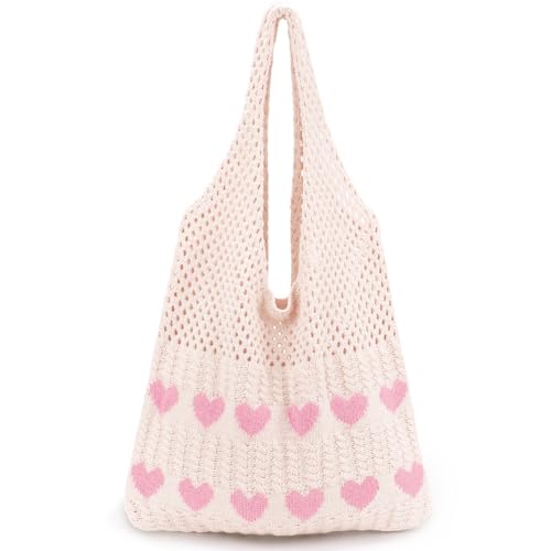 hatisan Crochet Bags for Women Summer Beach Tote Bag Aesthetic Tote Bag Hippie Bag Knit Bag(Pink Love Heart)