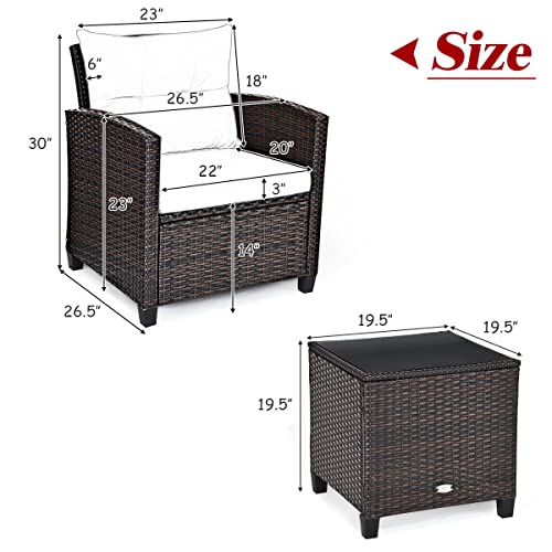 Tangkula 3 Pieces Patio Furniture Set PE Rattan Wicker 3 Pcs Outdoor Sofa Set w/Washable Cushion and Tempered Glass Tabletop Conversation Furniture for Garden Poolside Balcony (Red)