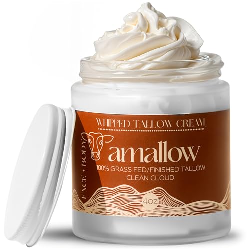 Amallow 100% Grass Fed/Finished Beef Tallow for Skin Care - Face + Body - Unscented Whipped Moisturizer Cream - 100% Natural Lotion 4 FL. oz.