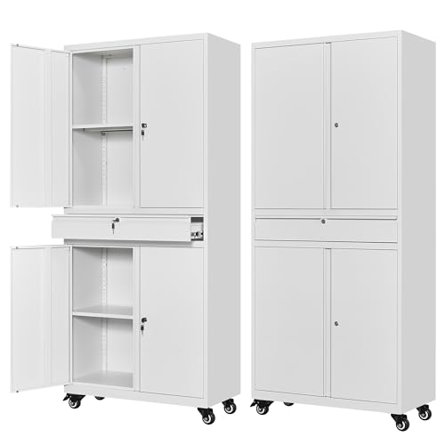 Letaya Metal Garage Storage Cabinet with Wheels 72“ Rolling Tool Cabinet with 4 Door Lock-Adjustable Shelves and Drawer for Garage Home Office Utility Room (White with Wheels)