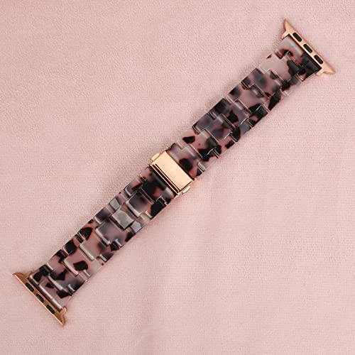 HOPO Compatible With Apple Watch Band Thin Light Resin Strap Bracelet With Stainless Steel Buckle Replacement For iWatch Series Ultra 10 9 8 7 6 5 4 3 2 1 SE/SE2(Black Agate/Rose Gold 38/40/41/42mm)