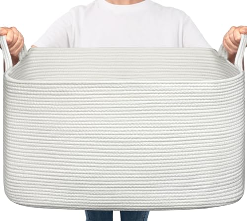 Goodpick White Storage Baskets for Organizing Toy Baskets for Kids Decorative Storage Baskets Large Blanket Basket Living Room Woven Baskets for Storage Rope Laundry Basket 21.6\" x 14.9\" x 11.8\"