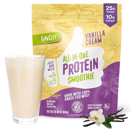 FlavCity Protein Powder Smoothie Vanilla - 100% Grass-Fed Whey Protein Smoothie with Collagen (25g of Protein) - Gluten Free & No Added Sugars (29.63 oz)