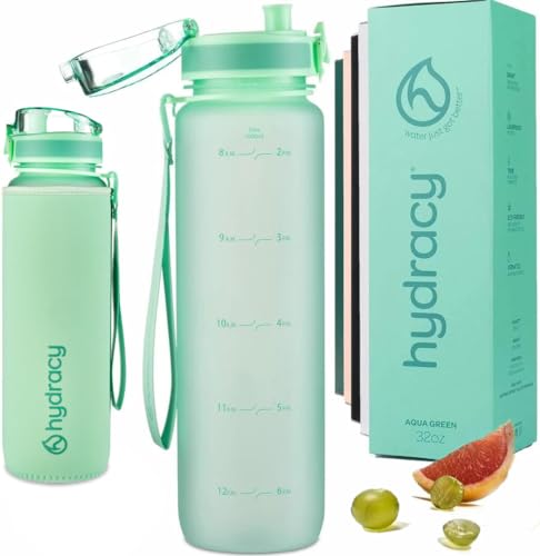 Hydracy Water Bottle with Time Marker -Large 32 oz BPA Free Water Bottle & No Sweat Sleeve -Leak Proof Gym Bottle with Fruit Infuser Strainer & Times to Drink -Ideal Gift for Fitness Sports & Outdoors