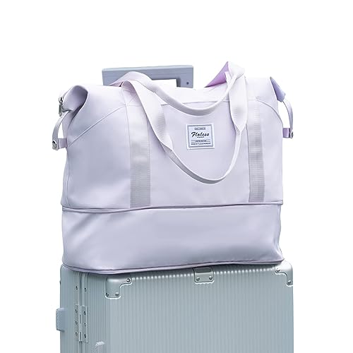 Large Travel Tote Bag Waterproof Expandable Duffel Gym Tote Bag Weekender Carry On Overnight Bags for Women with Trolley Sleeve Wet Pocket travel duffel bags Purple