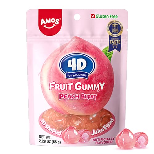 AMOS 4D Gummy Fruit Filled Candy Juicy Burst Peach Juice Filled Gummies Soft and Chewy Fruit Snacks Tiny Christmas Candy 1.7 LB 2.29Oz Per Bag (12 Bags)