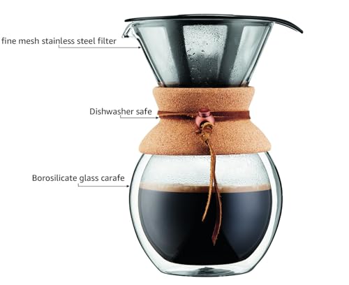 BODUM Pour Over Coffee Maker Grip 8 Cup 34 Ounce Double Wall Cork