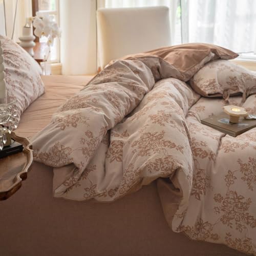 VM VOUGEMARKET Chic Floral Duvet Cover Queen Yarn-Dyed Cotton Jacquard Textured Duvet Cover with Bowknot Retro Monet Style Bedding Set-90\"x90\" Pumpkin
