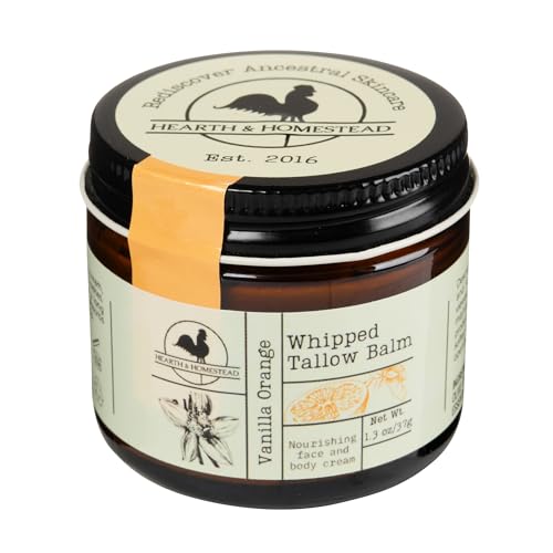 Hearth and Homestead: Handmade Whipped Tallow Balm (Vanilla Orange) - Organic Body Butter with Infused Olive Oil for Eczema Rosacea Baby - 1.3 oz