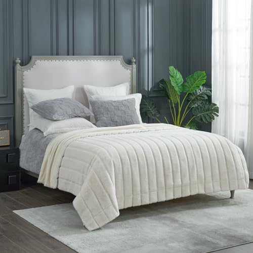 Cozy Bliss Faux Fur Throw Blanket for Couch Cozy Warm Plush Striped Blanket for Sofa Bedroom Living Room 90 * 90 Inches Beige