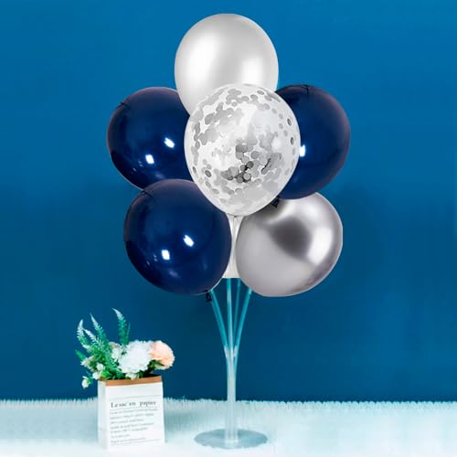 ZJDHPTY Silver and Blue Balloon Stand Navy and Silver Balloons Centerpiece Table Decorations for Birthday Wedding Anniversary New Year Graduation Decorations Class of 2024(Silver navy set4)