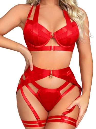 Kaei&Shi Garter Belt Thong Lingerie For Women Strappy Hollow Out Underwire Racerback Sexy Lingerie Garter Leg Strap Matching 4 Piece Lingerie Set Petite Valentine Day Red Small