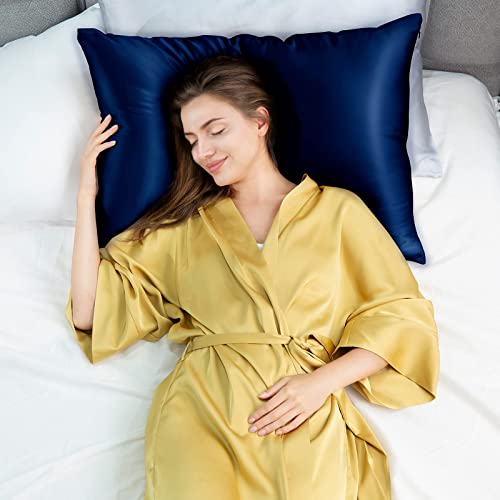 Natural Silk Pillowcase for Hair and Skin with Hidden Zipper 22 Momme 600 Thread Count 100% Mulberry Silk Pillowcase Soft Smooth Both Sided Silk Pillow Cover(Navy Blue King 20 inch X 36 inch 1pc)