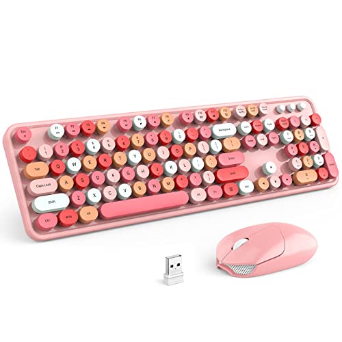 KNOWSQT Wireless Keyboard and Mouse Combo Pink 104 Keys Full-Sized 2.4 GHz Round Keycap Colorful Keyboards USB Receiver Plug and Play for Windows Mac PC Laptop Desktop